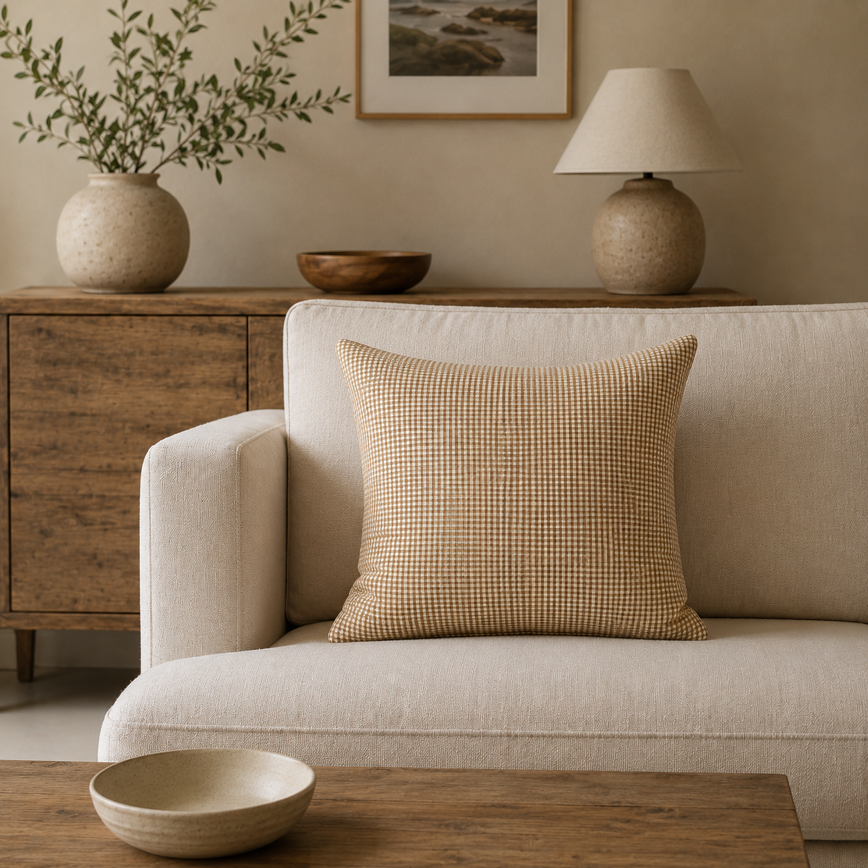 Coussin Vichy en coton lavé Kaki