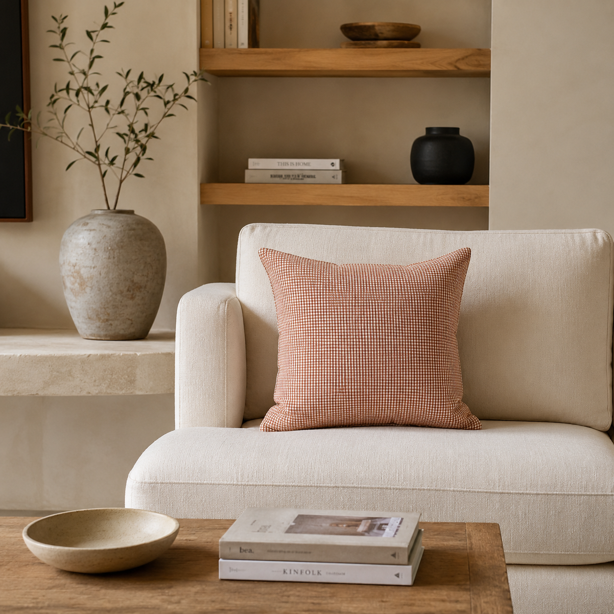 Coussin Vichy en coton lavé Macchiato