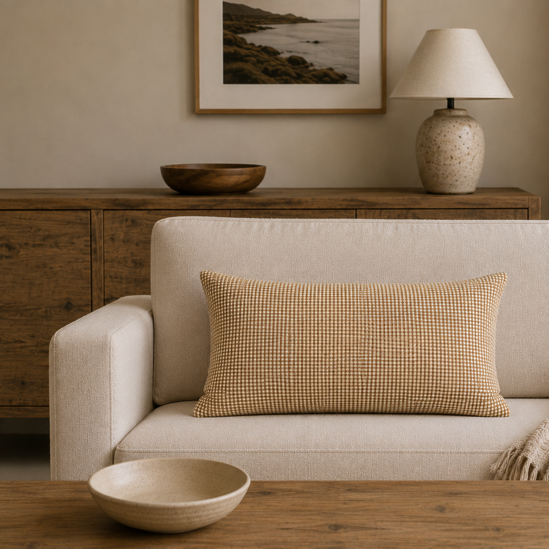 Coussin Vichy en coton lavé Kaki